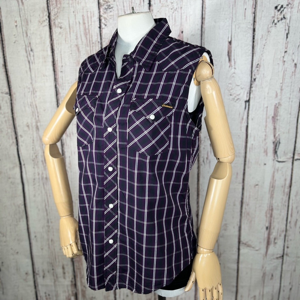 NEW NWT Civilianaire Western Shirt Plaid Pearl Snap Sleeveless Top Blouse MEDIUM